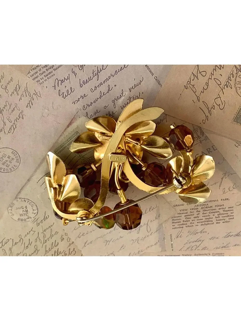 Vintage Austria Crystal Brooch Smoky Amber AB Rhinestone Floral Pin